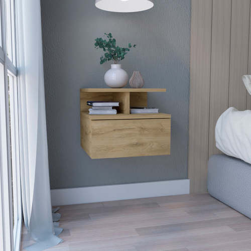 Floating Nightstand with Drawer and 2-Tier Shelf, Wall Mounted Bedside Table Macadamia