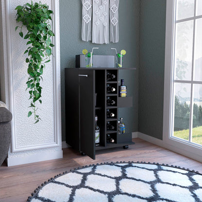 Bar Cart, Two External Shelves, Four Casters, Six Built-in Wine Rack, Single Door Cabinet -Black