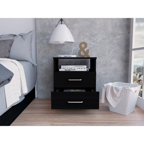 Black Nightstand with 2 Drawers and Open Shelf, Modern Bedside Table