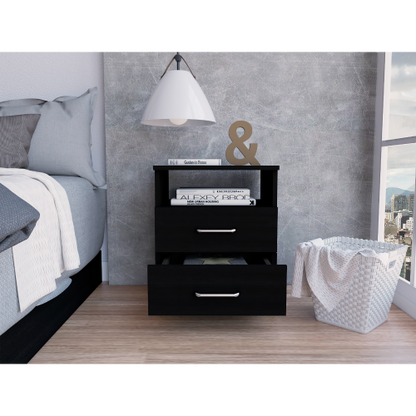 Black Nightstand with 2 Drawers and Open Shelf, Modern Bedside Table