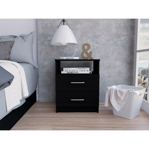 Black Nightstand with 2 Drawers and Open Shelf, Modern Bedside Table
