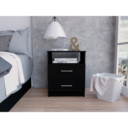 Black Nightstand with 2 Drawers and Open Shelf, Modern Bedside Table