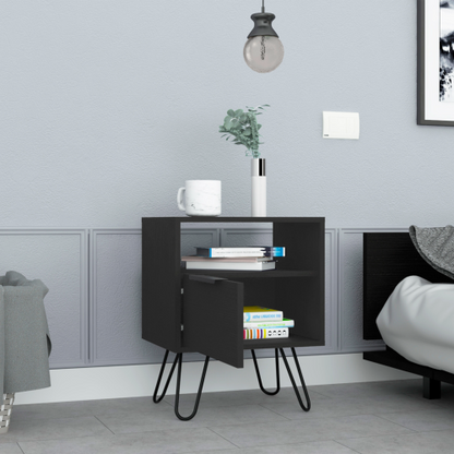 Black Nightstand with Cabinet, Open Shelf & Hairpin Legs, 22inchH