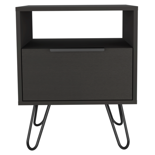 Black Nightstand with Cabinet, Open Shelf & Hairpin Legs, 22inchH