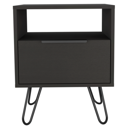 Black Nightstand with Cabinet, Open Shelf & Hairpin Legs, 22inchH