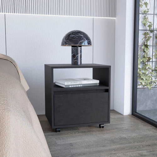 Nightstand 20inch H, with One Open Shelf, 1 Drawer and Casters, Black