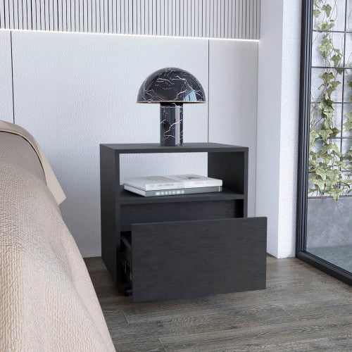 Nightstand 20inch H, with One Open Shelf, 1 Drawer and Casters, Black