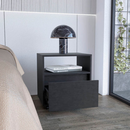 Nightstand 20inch H, with One Open Shelf, 1 Drawer and Casters, Black