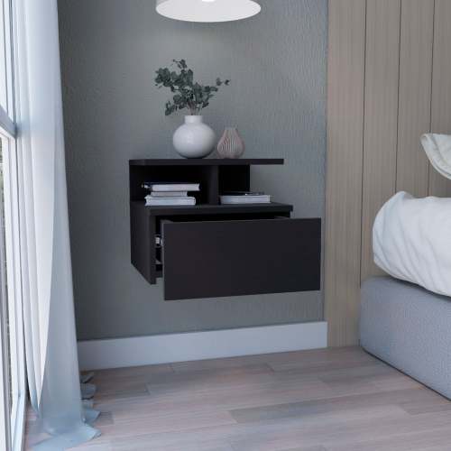 Black Wall-Mounted Floating Nightstand, 12inch H Drawer & 2-Tier Open Shelf Side Table