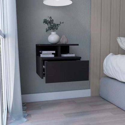 Black Wall-Mounted Floating Nightstand, 12inch H Drawer & 2-Tier Open Shelf Side Table