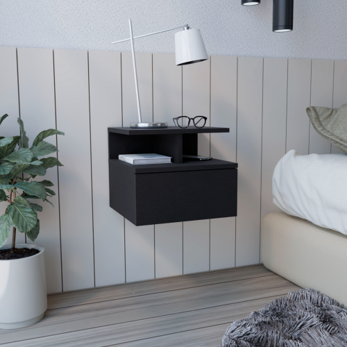 Black Floating Nightstand with Drawer & Shelves