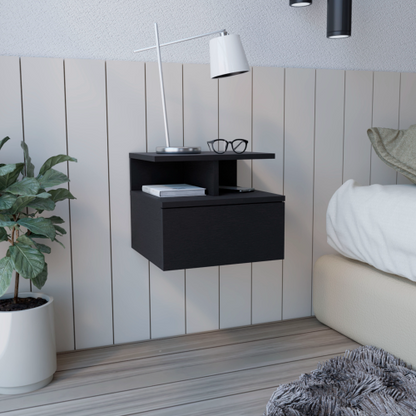 Black Wall-Mounted Floating Nightstand with Drawer & Shelf