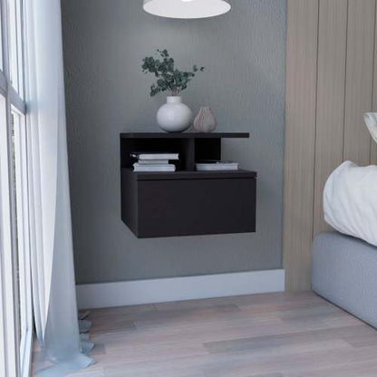 Black Wall-Mounted Floating Nightstand, 12inch H Drawer & 2-Tier Open Shelf Side Table