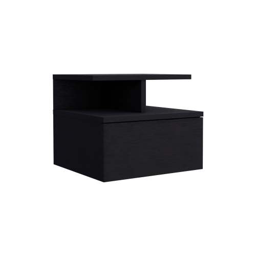 Black Wall-Mounted Floating Nightstand, 12inch H Drawer & 2-Tier Open Shelf Side Table