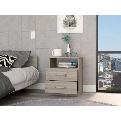 Light Gray Nightstand with 2 Drawers and Open Shelf, Modern Bedside Table