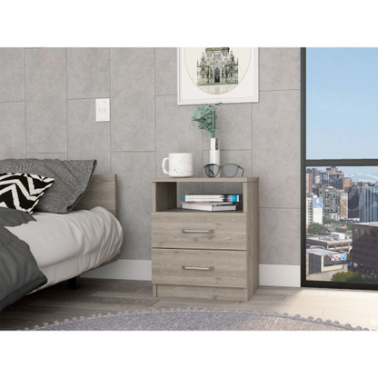 Light Gray Nightstand with 2 Drawers and Open Shelf, Modern Bedside Table