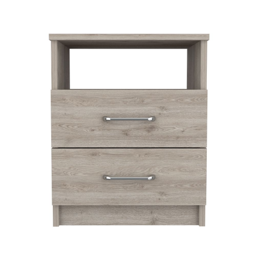 Light Gray Nightstand with 2 Drawers and Open Shelf, Modern Bedside Table