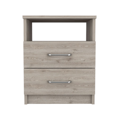 Light Gray Nightstand with 2 Drawers and Open Shelf, Modern Bedside Table