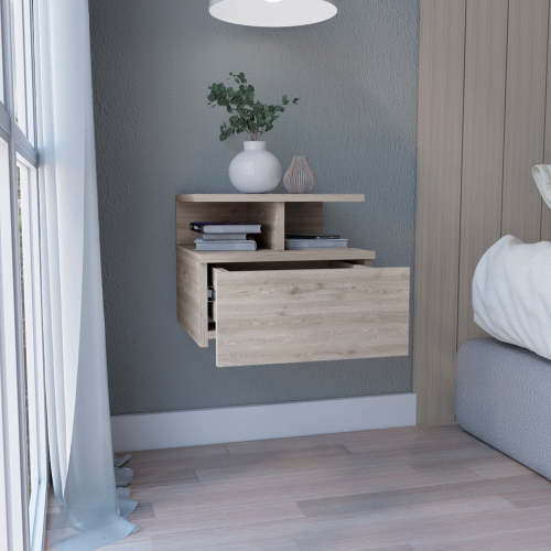 Floating Nightstand with Drawer and 2-Tier Shelf, Wall Mounted Bedside Table Light Gray