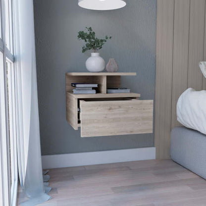 Floating Nightstand with Drawer and 2-Tier Shelf, Wall Mounted Bedside Table Light Gray