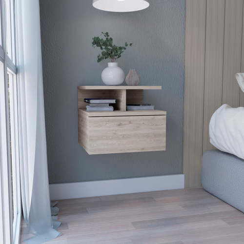 Floating Nightstand with Drawer and 2-Tier Shelf, Wall Mounted Bedside Table Light Gray