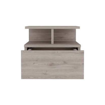 Floating Nightstand with Drawer and 2-Tier Shelf, Wall Mounted Bedside Table Light Gray
