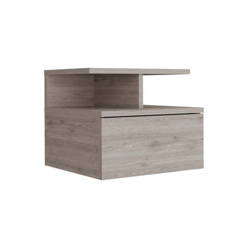 Floating Nightstand with Drawer and 2-Tier Shelf, Wall Mounted Bedside Table Light Gray