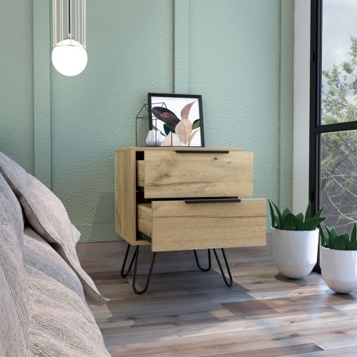 2-Drawer Nightstand Side Table, Light Oak, Four Metal Legs