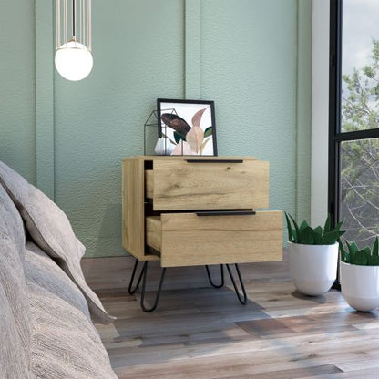 2-Drawer Nightstand Side Table, Light Oak, Four Metal Legs