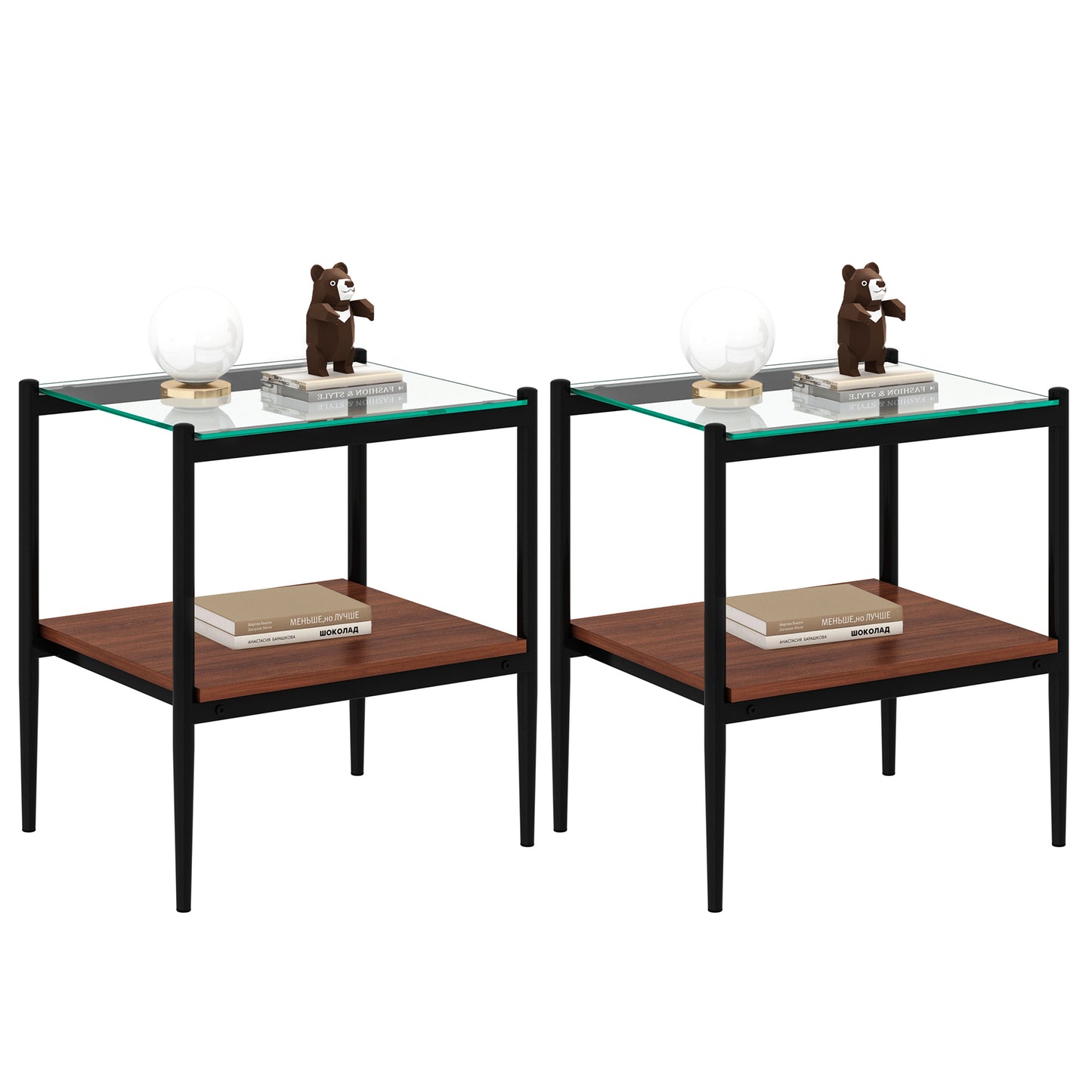 Set of 2 Rectangle End Table, Tempered Glass Tabletop with MDF layer, Modern Table for Living Room , Transparent Glass