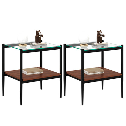 Set of 2 Rectangle End Table, Tempered Glass Tabletop with MDF layer, Modern Table for Living Room , Transparent Glass