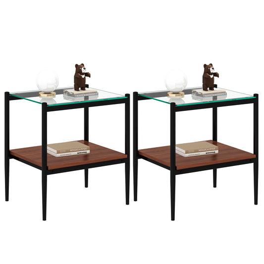 Set of 2 Rectangle End Table, Tempered Glass Tabletop with MDF layer, Modern Table for Living Room , Transparent Glass