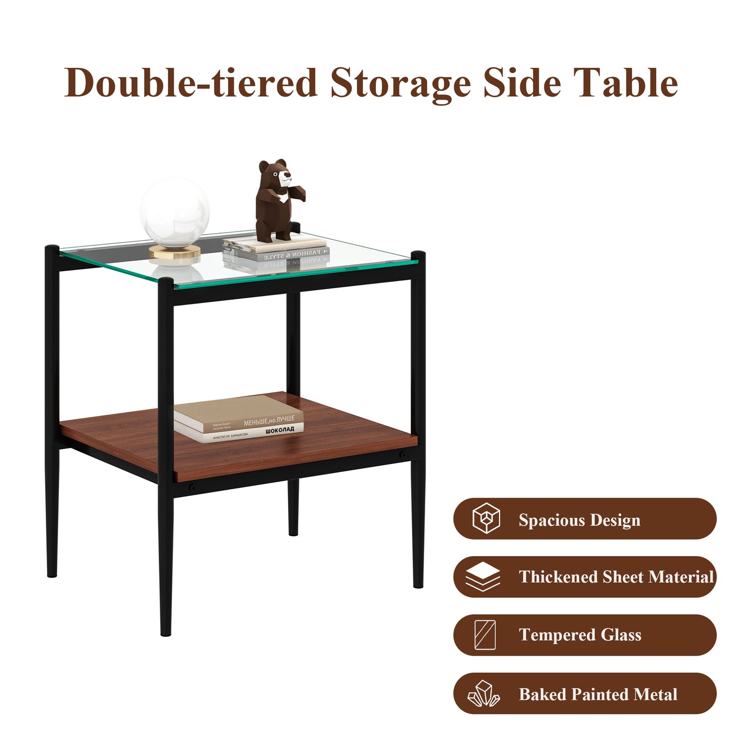 Set of 2 Rectangle End Table, Tempered Glass Tabletop with MDF layer, Modern Table for Living Room , Transparent Glass