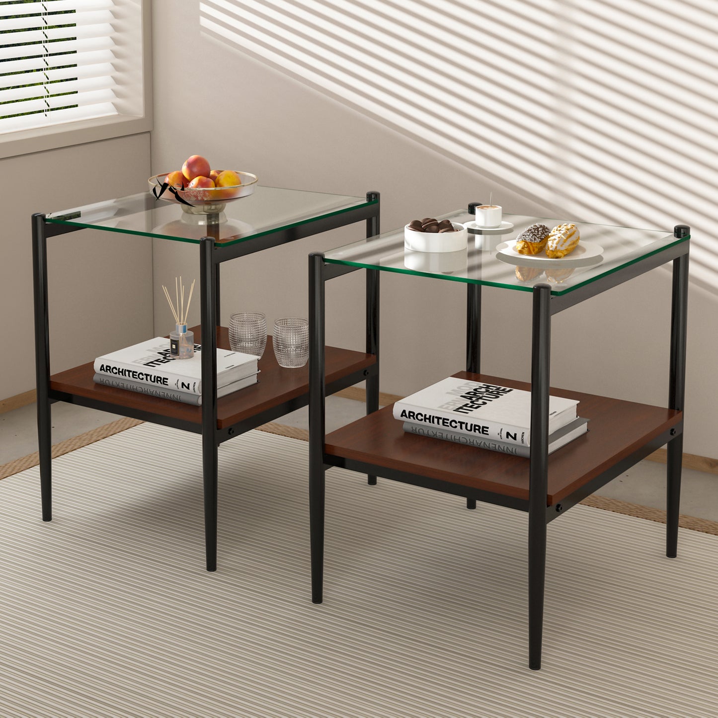 Set of 2 Rectangle End Table, Tempered Glass Tabletop with MDF layer, Modern Table for Living Room , Transparent Glass