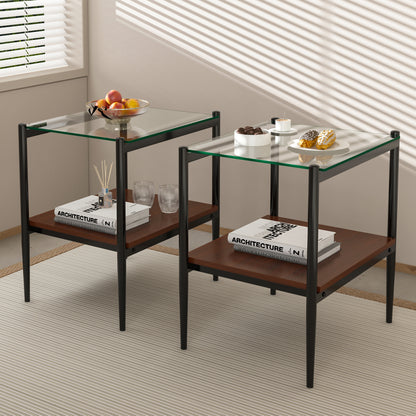 Set of 2 Rectangle End Table, Tempered Glass Tabletop with MDF layer, Modern Table for Living Room , Transparent Glass