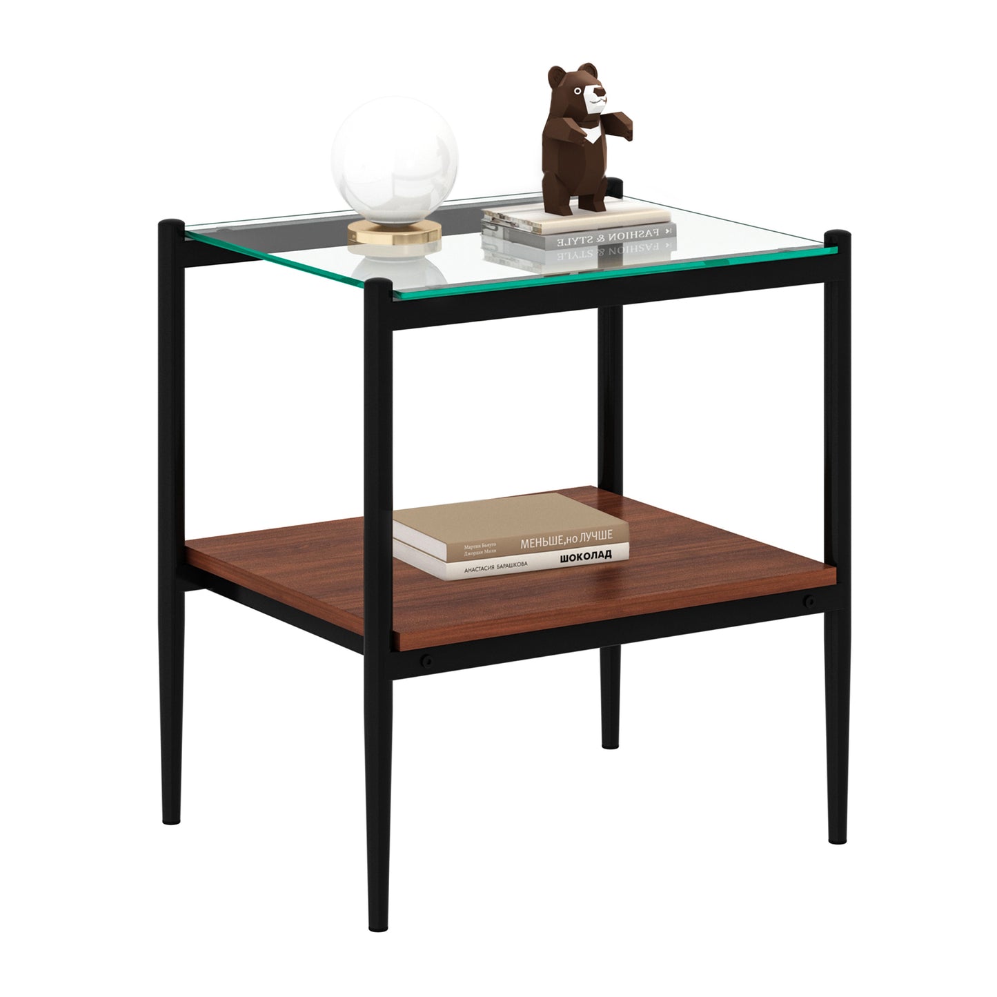 Set of 2 Rectangle End Table, Tempered Glass Tabletop with MDF layer, Modern Table for Living Room , Transparent Glass