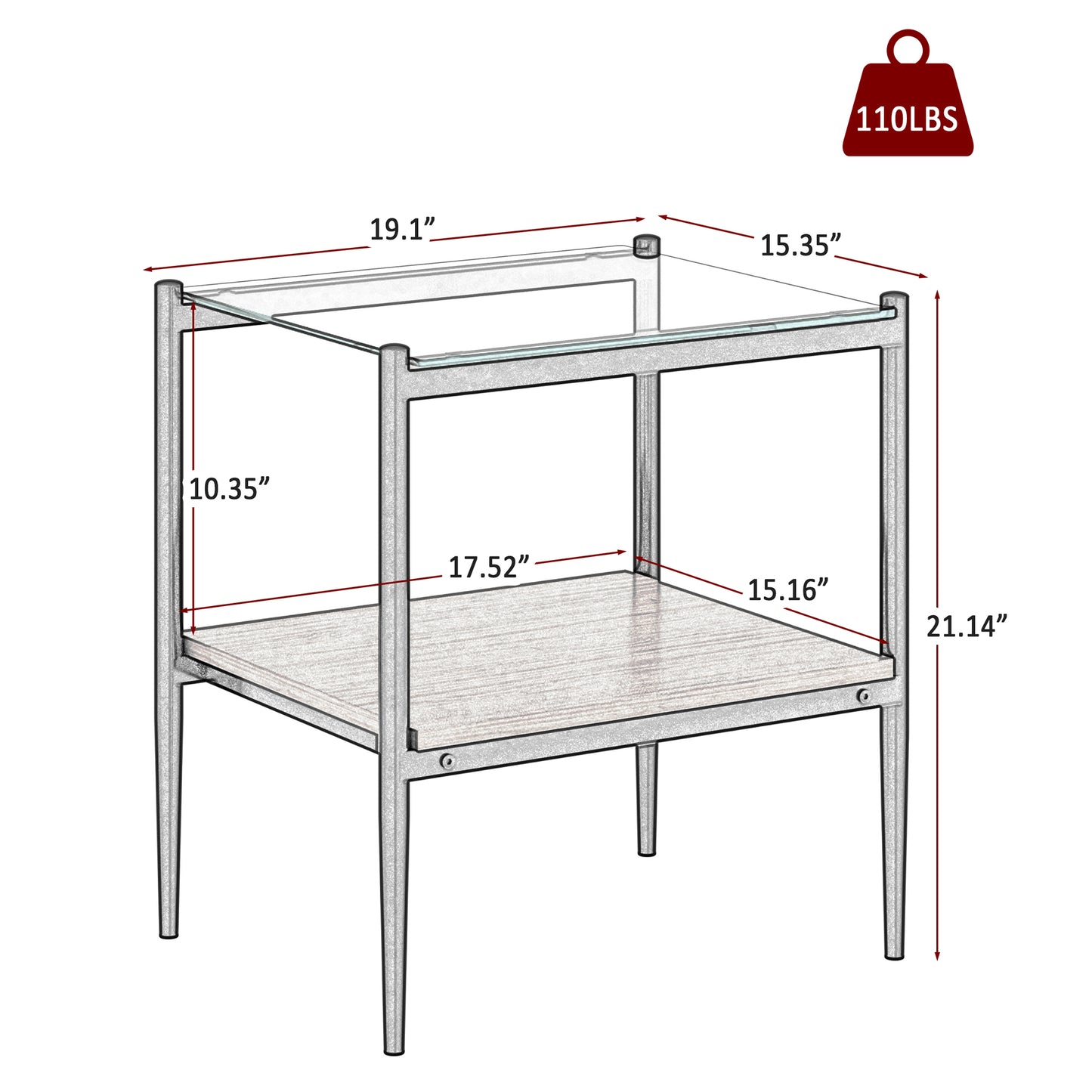 Set of 2 Rectangle End Table, Tempered Glass Tabletop with MDF layer, Modern Table for Living Room , Transparent Glass