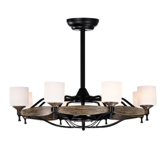 Dia 33 inch Chandelier Ceiling Fan for Bedroom Dining Room Living Room Kitchen Farmhouse Entry,Matte Black+ Wood Grain