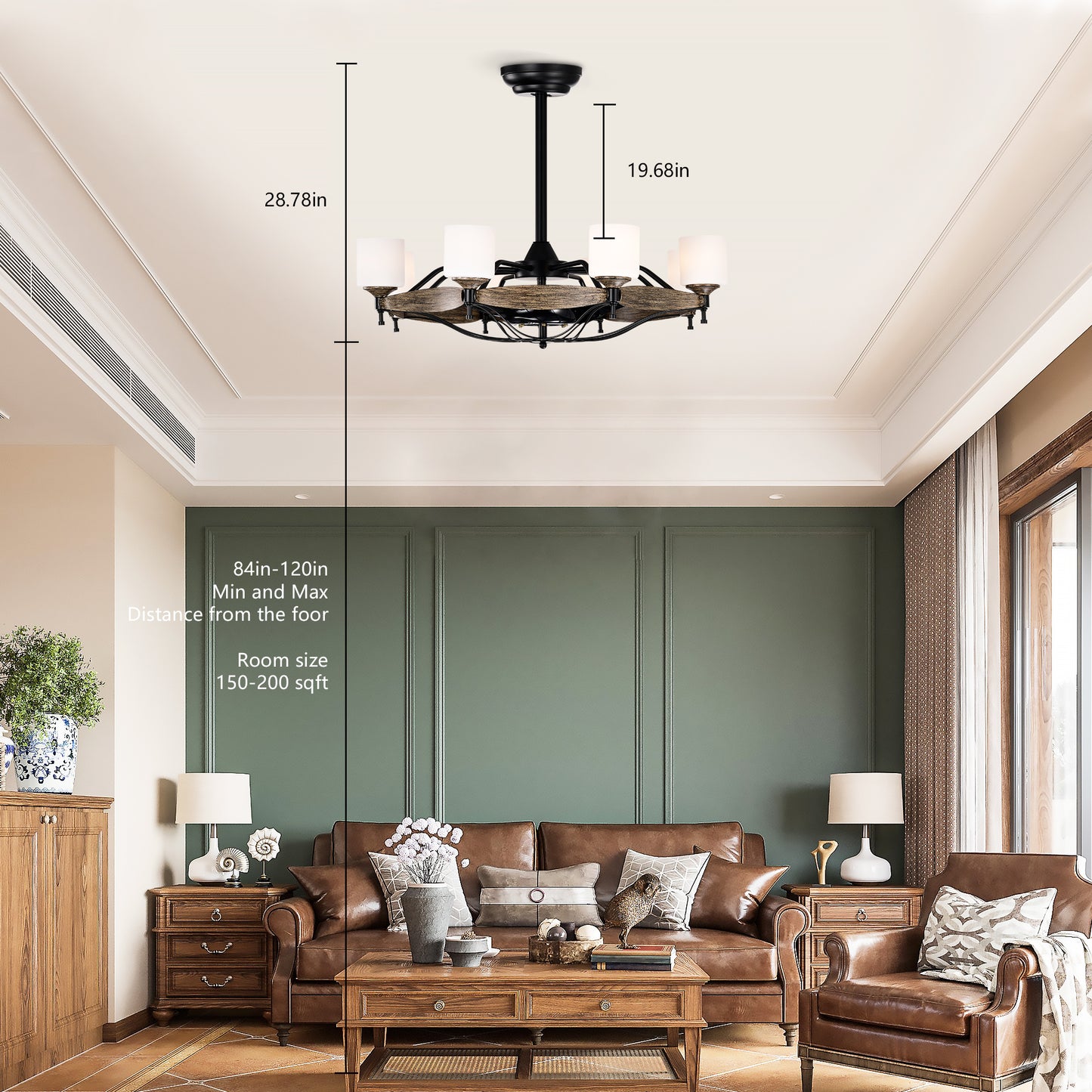 Dia 33 inch Chandelier Ceiling Fan for Bedroom Dining Room Living Room Kitchen Farmhouse Entry,Matte Black+ Wood Grain