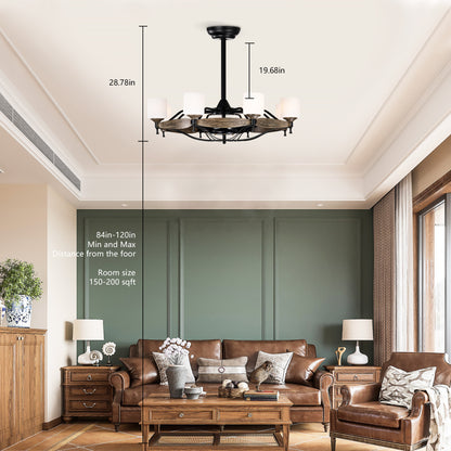 Dia 33 inch Chandelier Ceiling Fan for Bedroom Dining Room Living Room Kitchen Farmhouse Entry,Matte Black+ Wood Grain