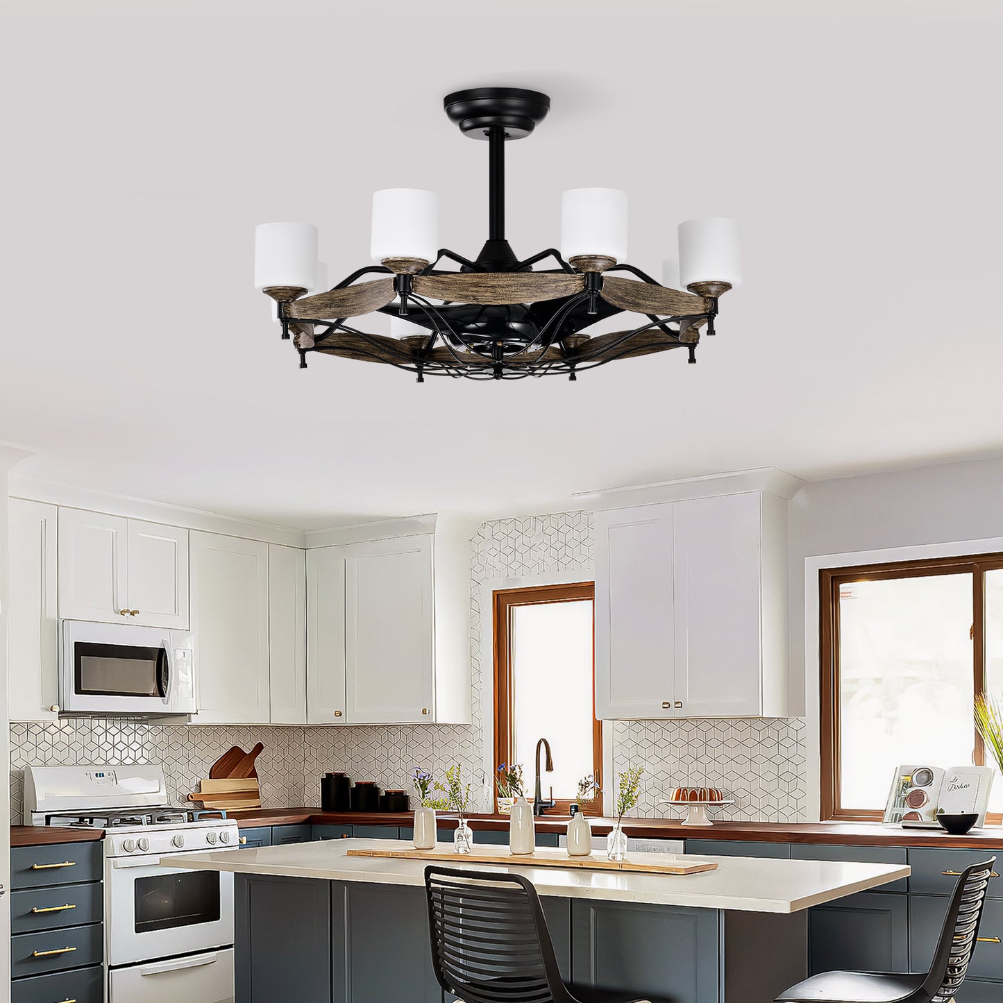 Dia 33 inch Chandelier Ceiling Fan for Bedroom Dining Room Living Room Kitchen Farmhouse Entry,Matte Black+ Wood Grain