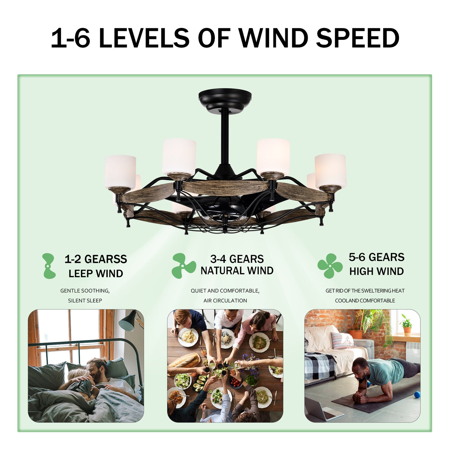 Dia 33 inch Chandelier Ceiling Fan for Bedroom Dining Room Living Room Kitchen Farmhouse Entry,Matte Black+ Wood Grain