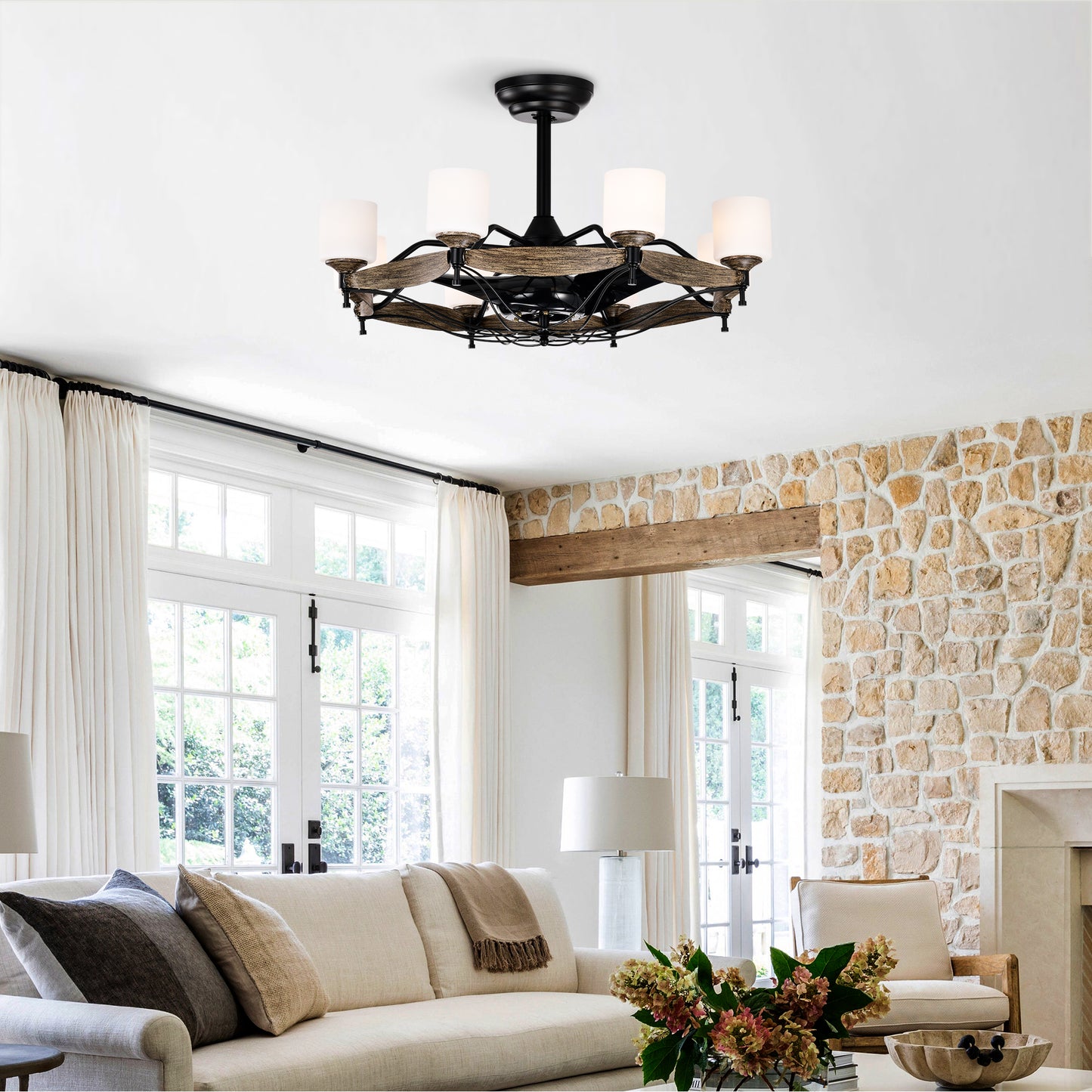 Dia 33 inch Chandelier Ceiling Fan for Bedroom Dining Room Living Room Kitchen Farmhouse Entry,Matte Black+ Wood Grain