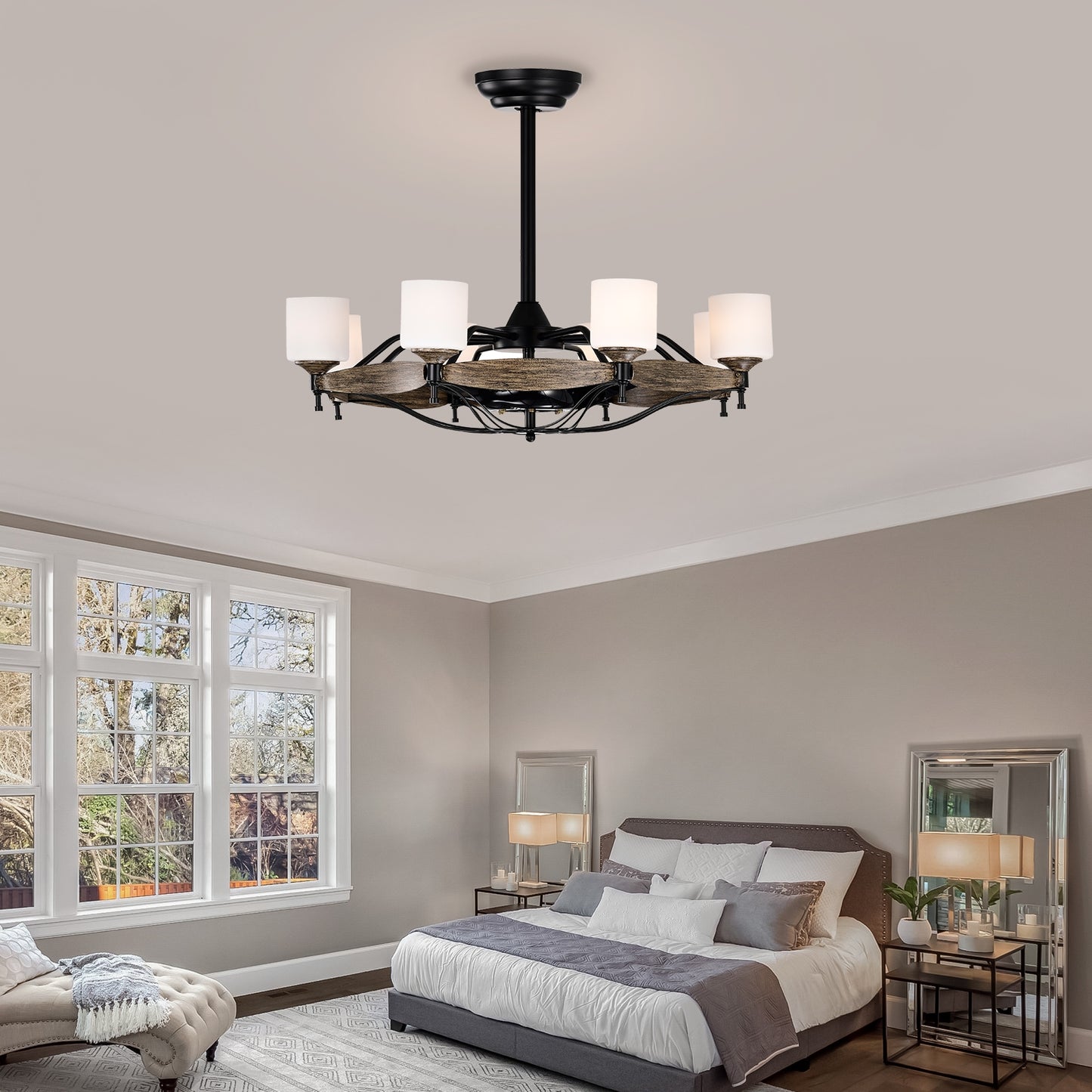 Dia 33 inch Chandelier Ceiling Fan for Bedroom Dining Room Living Room Kitchen Farmhouse Entry,Matte Black+ Wood Grain