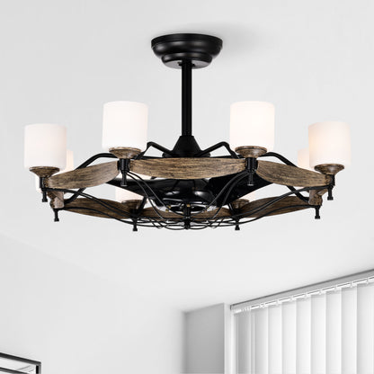 Dia 33 inch Chandelier Ceiling Fan for Bedroom Dining Room Living Room Kitchen Farmhouse Entry,Matte Black+ Wood Grain