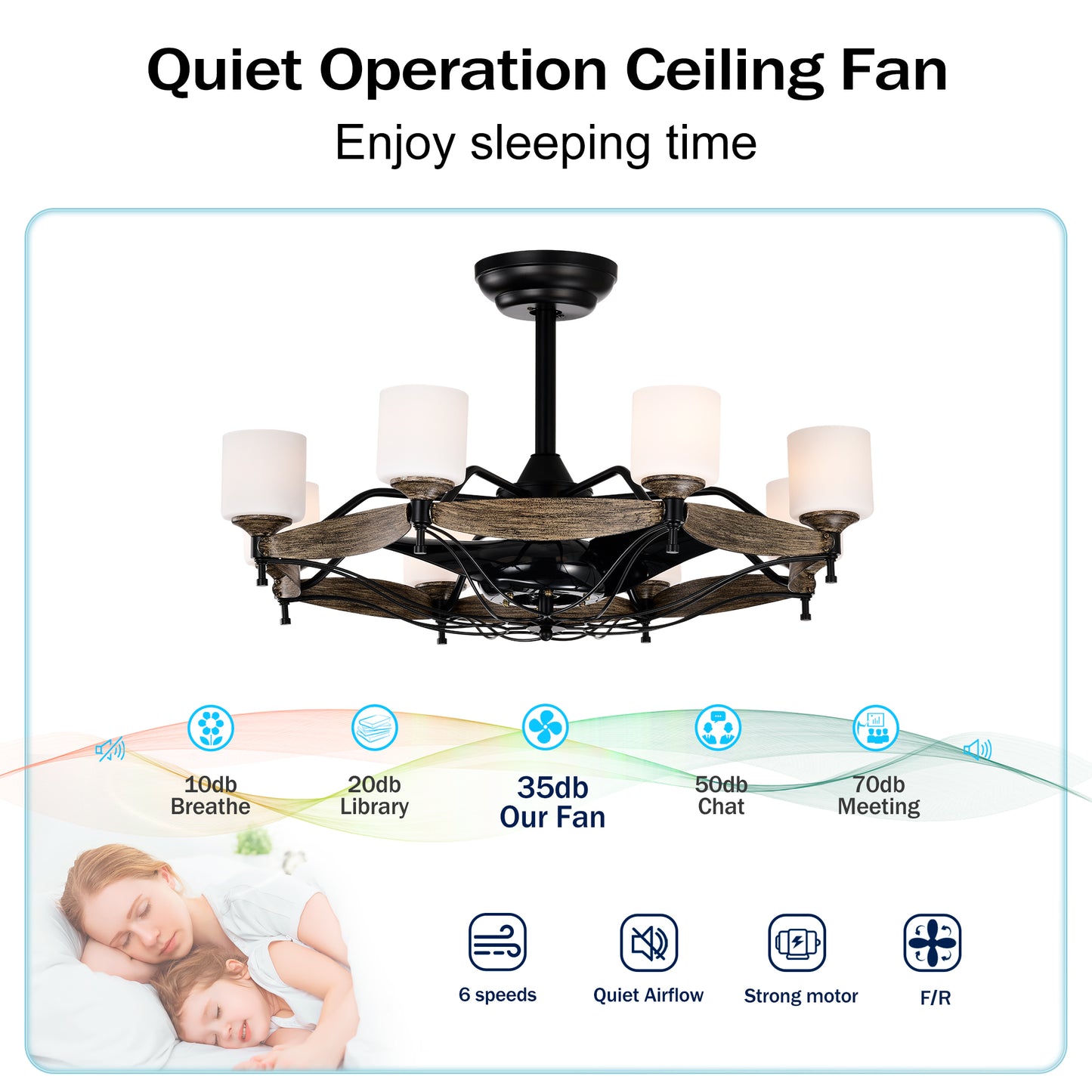 Dia 33 inch Chandelier Ceiling Fan for Bedroom Dining Room Living Room Kitchen Farmhouse Entry,Matte Black+ Wood Grain