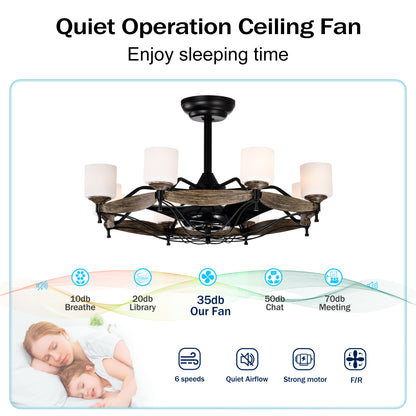 Dia 33 inch Chandelier Ceiling Fan for Bedroom Dining Room Living Room Kitchen Farmhouse Entry,Matte Black+ Wood Grain