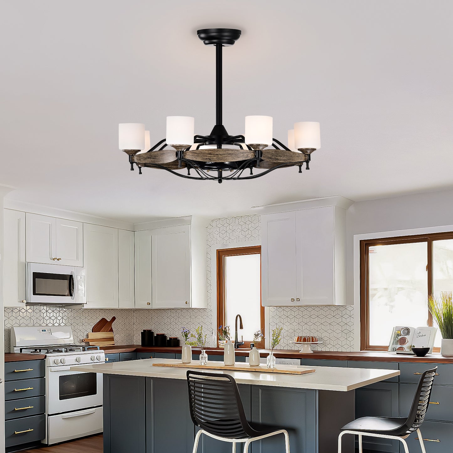 Dia 33 inch Chandelier Ceiling Fan for Bedroom Dining Room Living Room Kitchen Farmhouse Entry,Matte Black+ Wood Grain