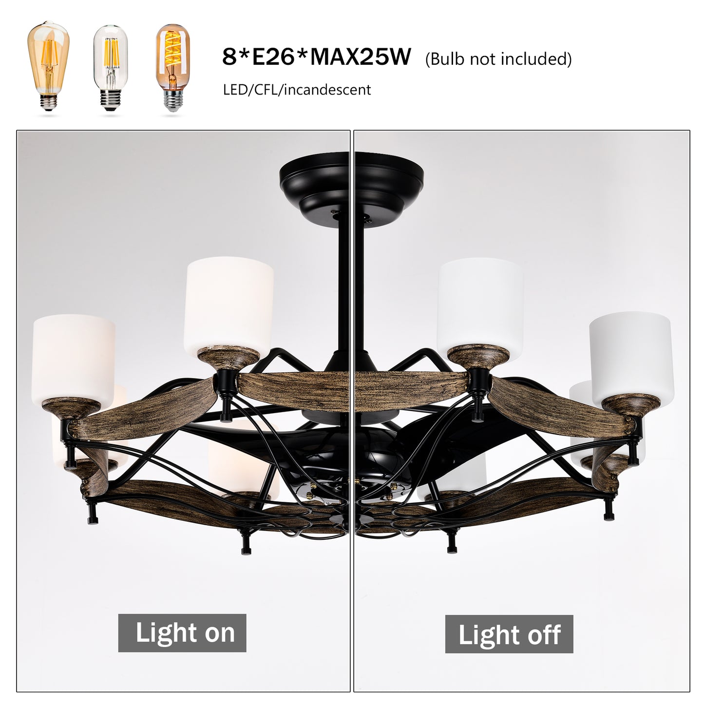 Dia 33 inch Chandelier Ceiling Fan for Bedroom Dining Room Living Room Kitchen Farmhouse Entry,Matte Black+ Wood Grain