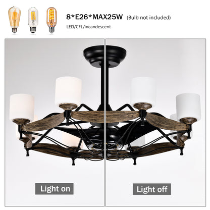 Dia 33 inch Chandelier Ceiling Fan for Bedroom Dining Room Living Room Kitchen Farmhouse Entry,Matte Black+ Wood Grain